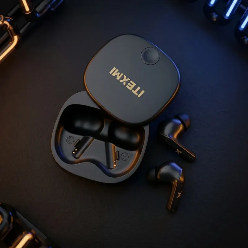 ITEXMI Xpods Power dark case and earbuds with gold logo